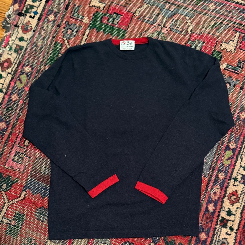 Classic Merino/Angora Blue Crewneck Sweater with Red Accents